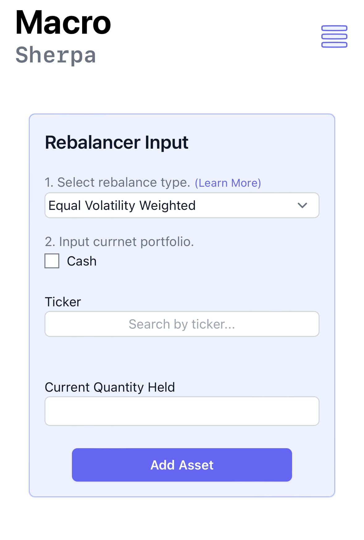 Macro Sherpa mobile portfolio rebalancing calculator main input card.