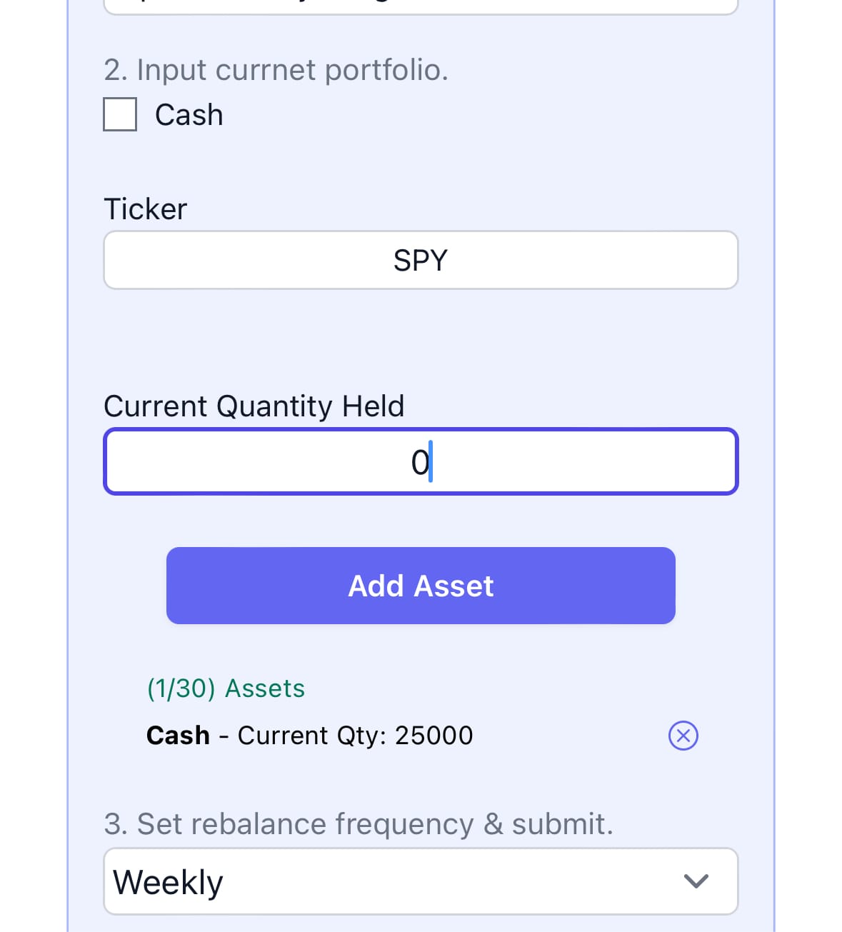 Adding a ticker to the portfolio rebalance calculator.